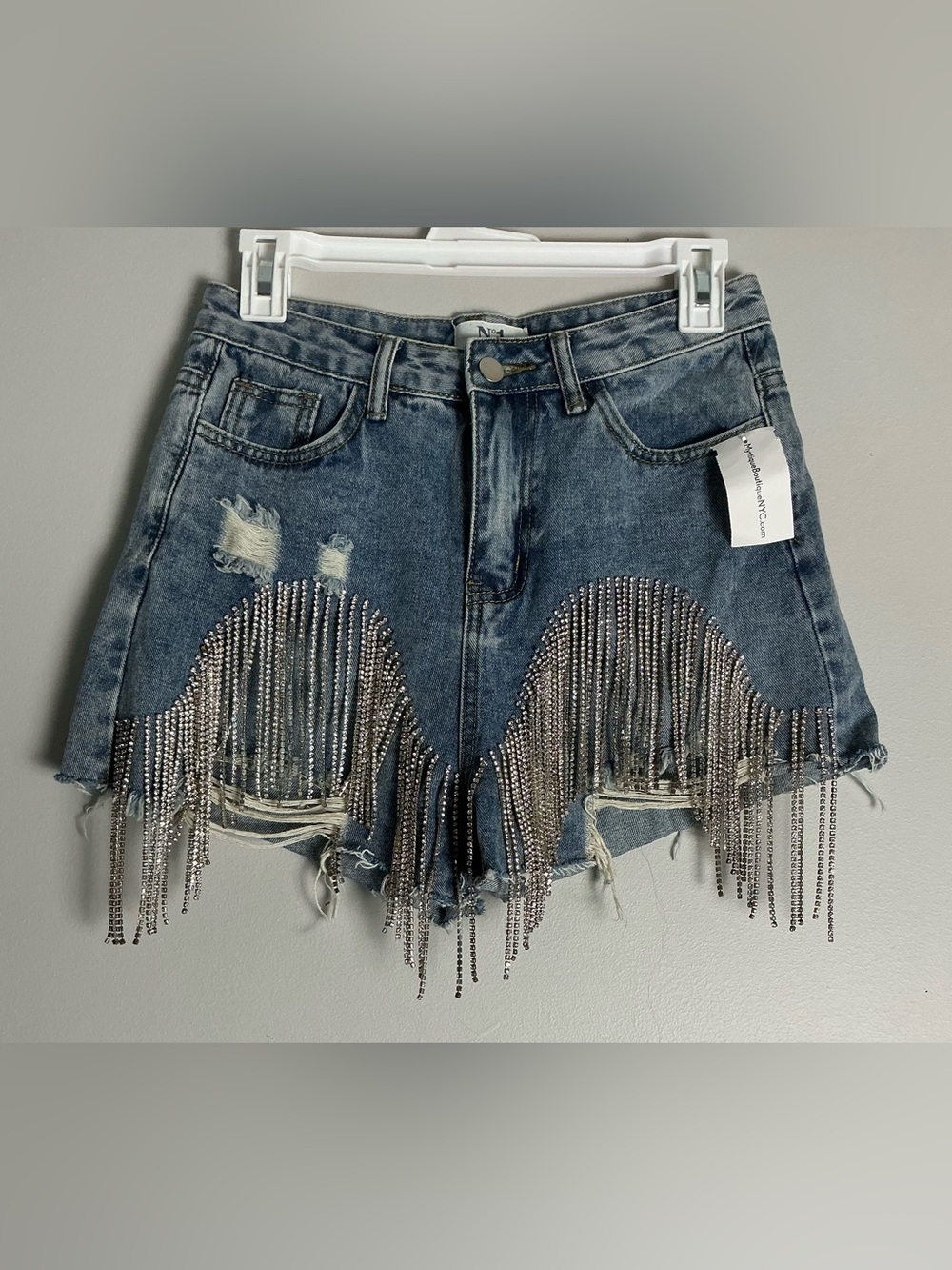 Mystique Boutique Light Blue Denim Shorts with Rhinestone Sunburst